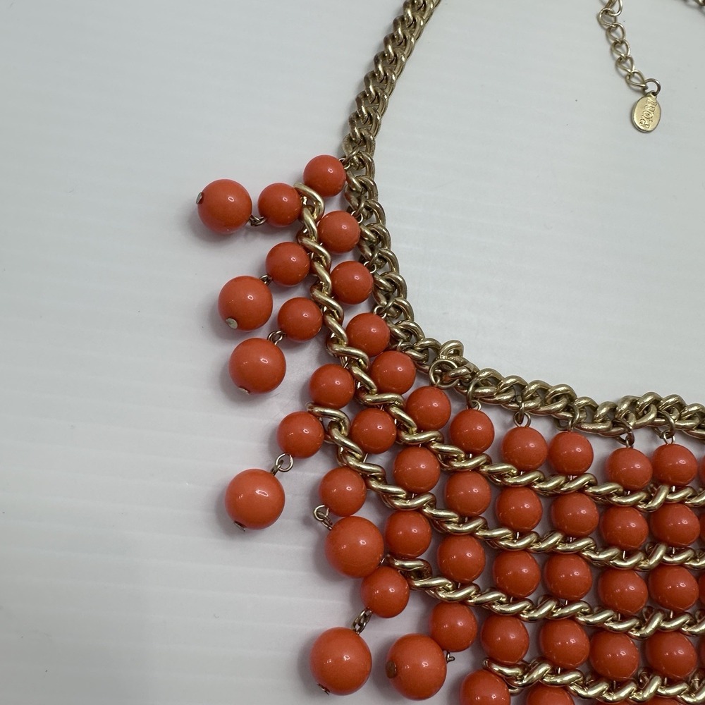 LUCIA Signed Orange Beaded Statement Necklace Gold Tone Bib Fringe Chunky Bold - Picture 6 of 10